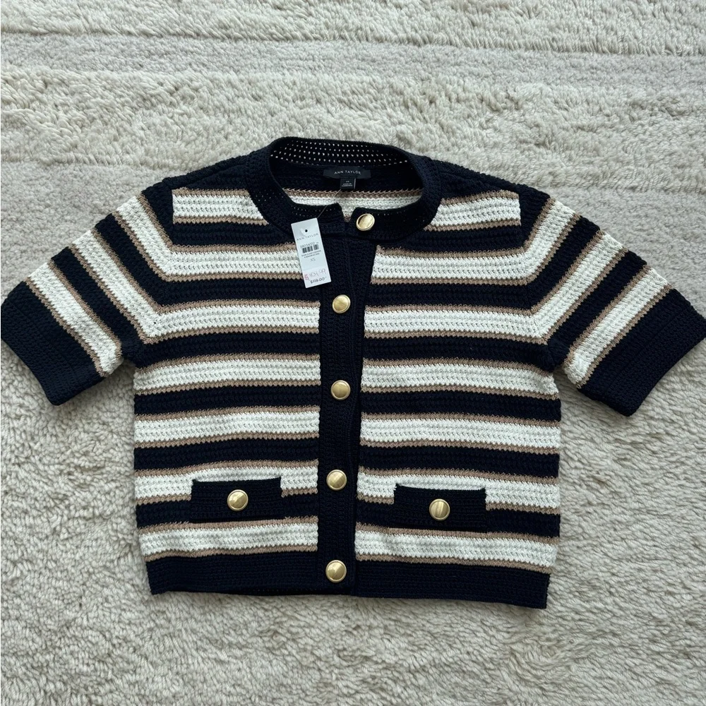 Striped Navy and Cream Button-Up Sweater - Picture 4 of 6